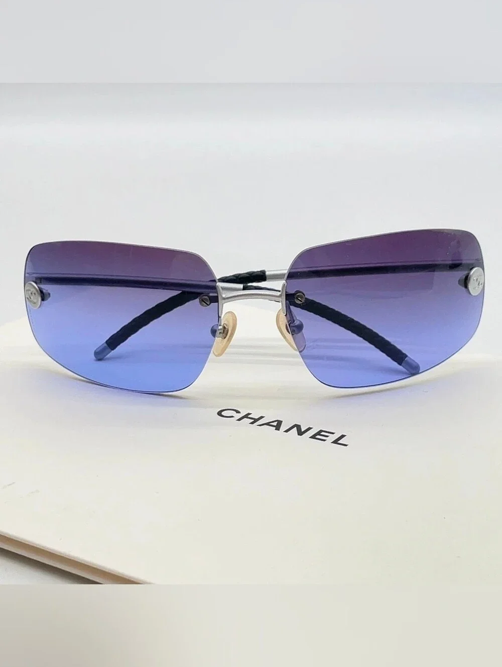 CHANEL Y2K Rimless Blue Gradient Rhinestone CC Mark Sunglasses Wbox